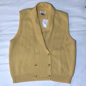 Talbots 100% Wool Sweater Vest L Yellow Shawl Collar Gold Button Double Breasted